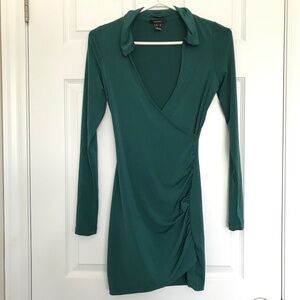 FOREVER 21 Collar Up V-Neck Wrap Bodycon Dress XS Royal Green Long Sleeve